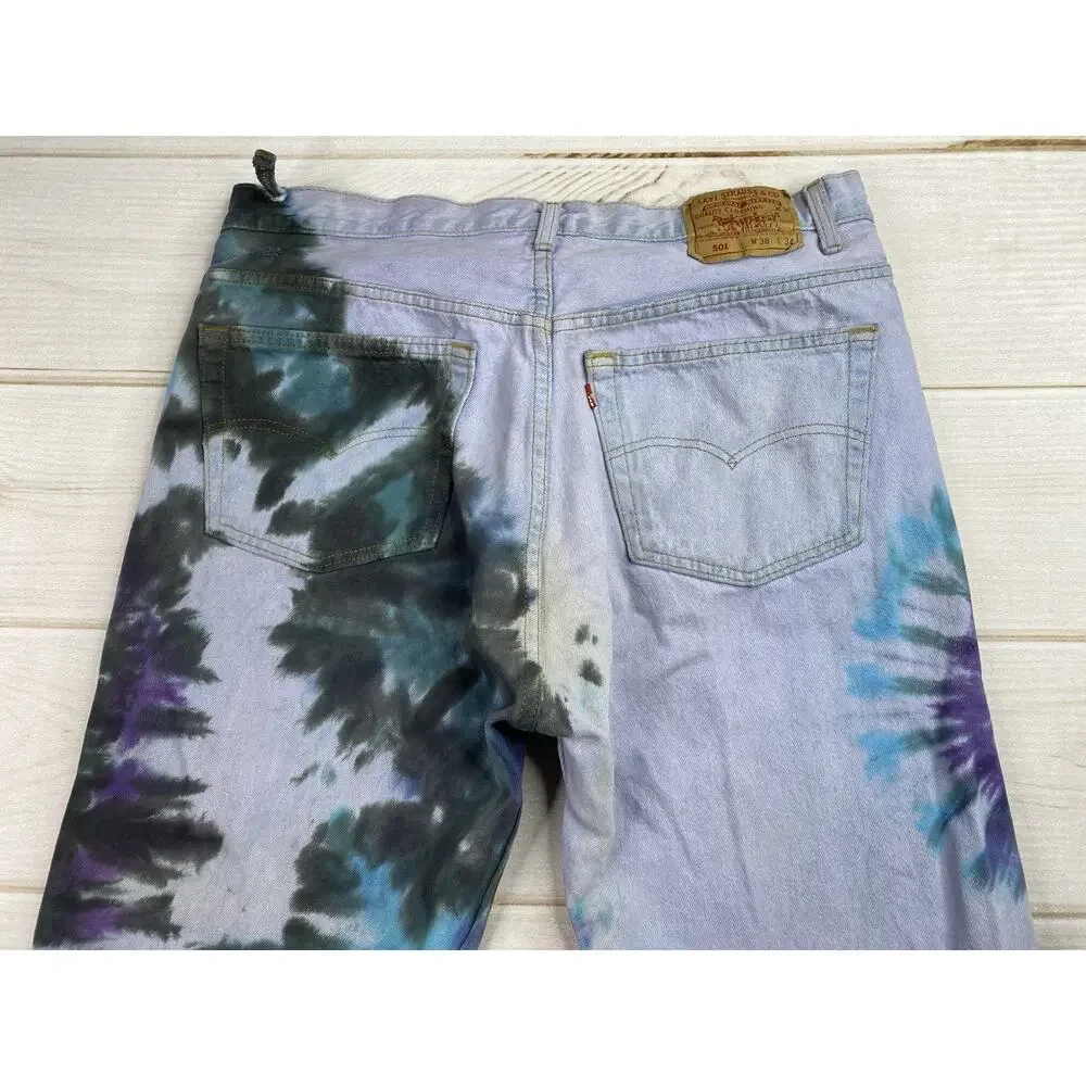 Vtg Levi’s 501 Jeans USA Made 38x34 UPCYCLED Tie Dye Distressed Button Fly 80 90